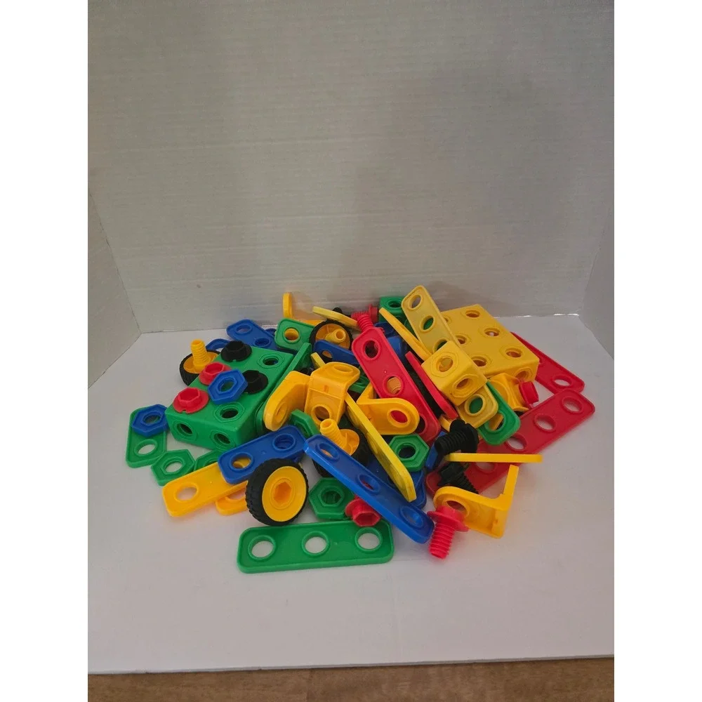 Kids Plastic Building Construction Toy Set Bulk Lot Nuts Bolts Wheels Plates